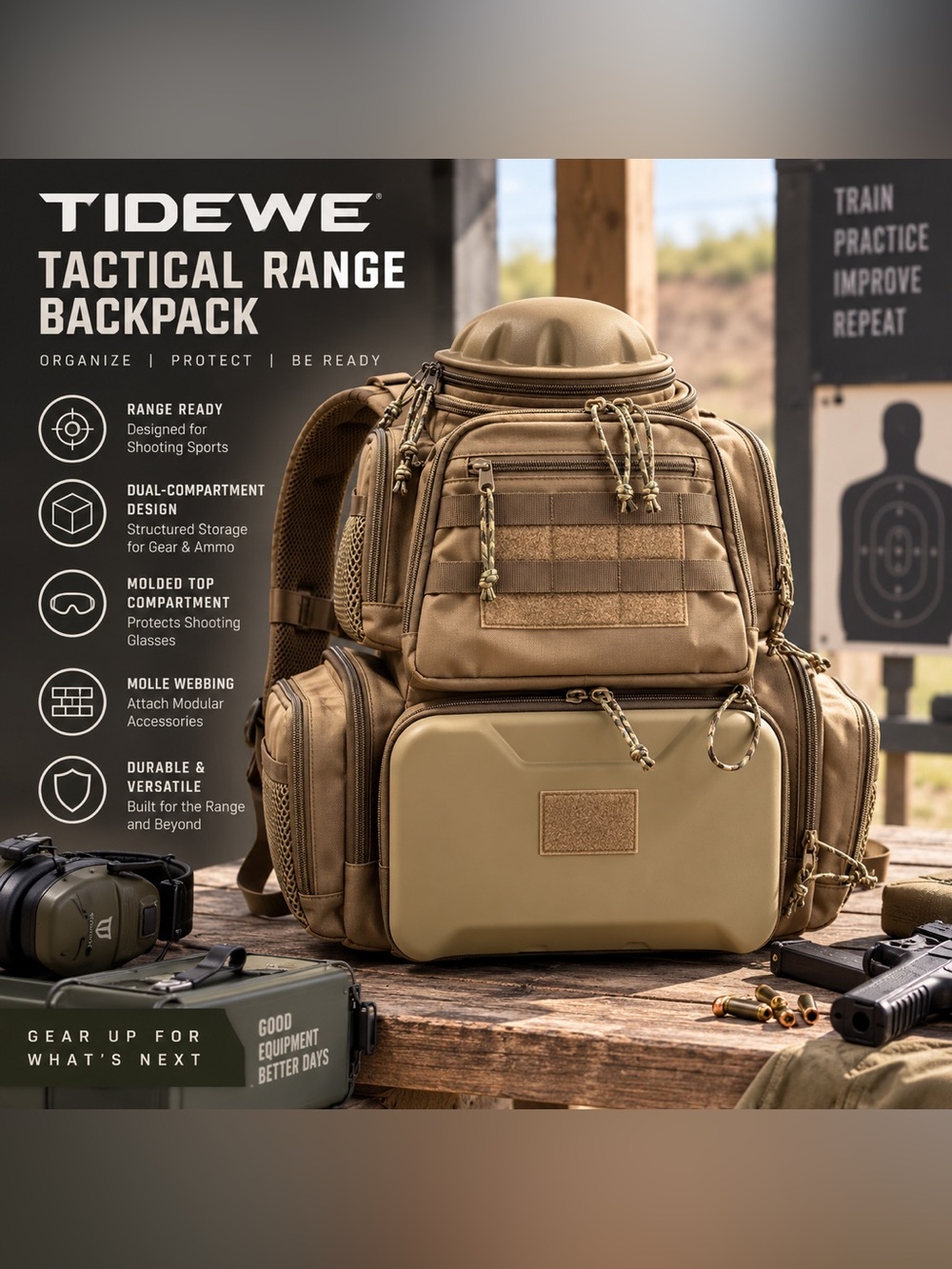 TIDEWE Tactical Range Backpack Brown MOLLE Shooting Gear Bag No Handgun Cases